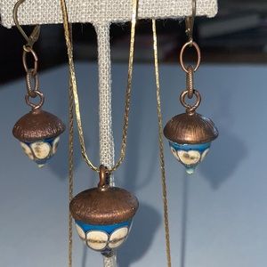 Artist Lampwork glass earrings & necklace Julie Nordine New never worn Blue. 18”